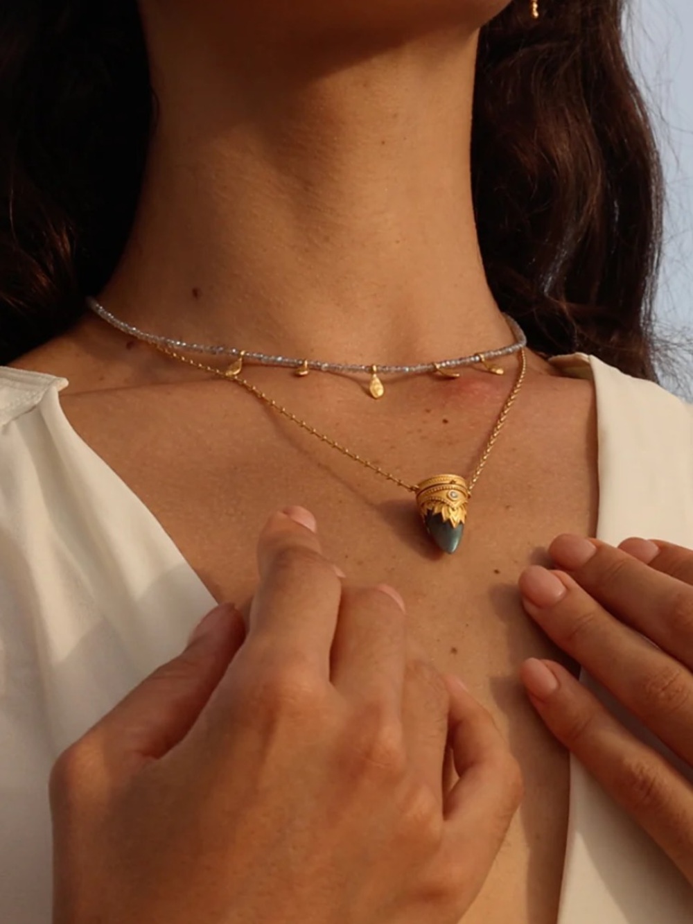 Satya Jewelry Gold-Tone 18k gold plate Necklace with Gray Teardrop Pendant